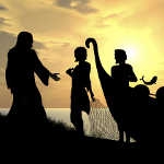 Silhouettes of Jesus talking to fisherman