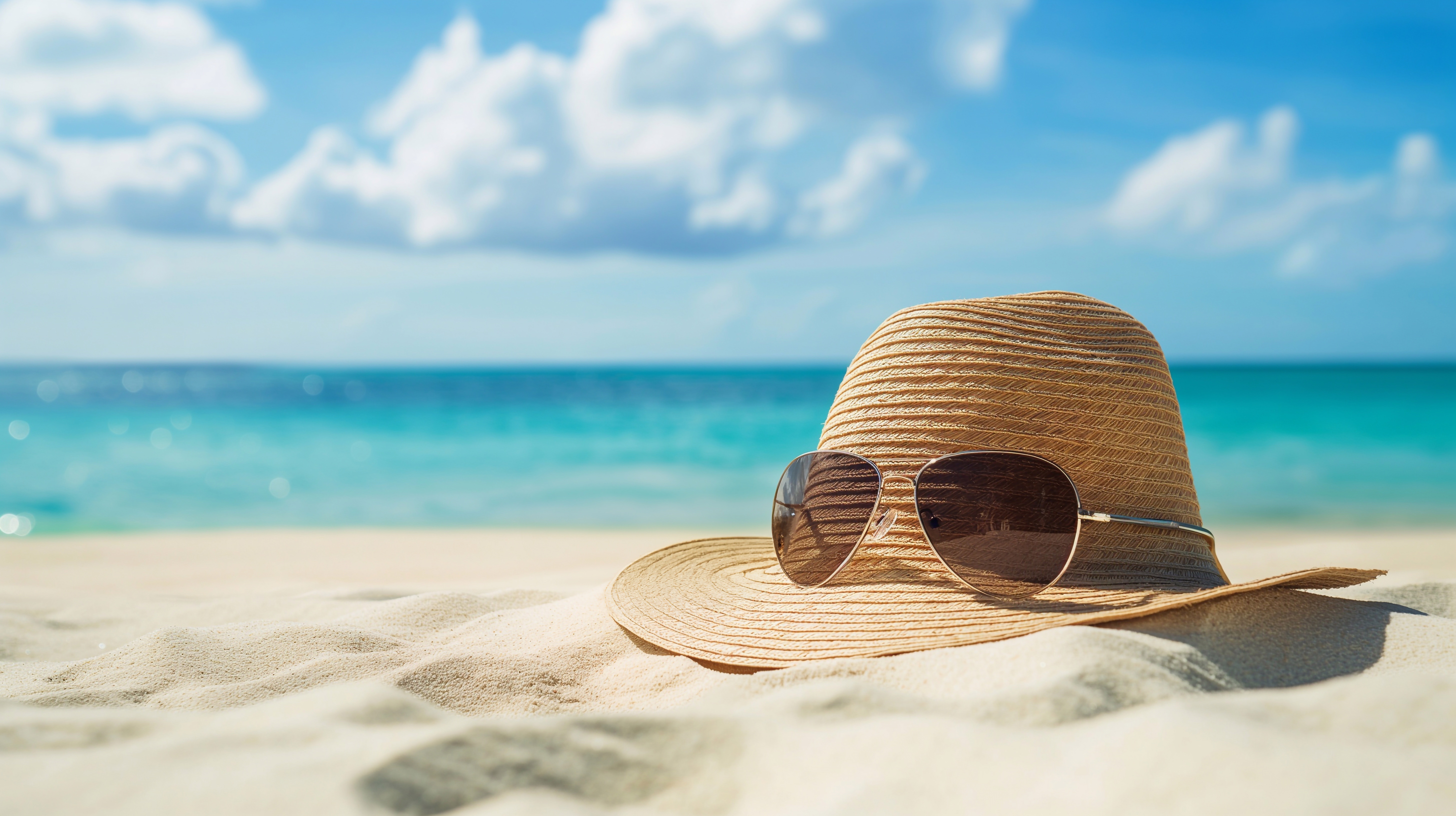 sunglasses and a hat left on the white sand of the sea coastline.